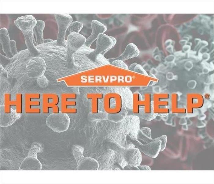 Virus photo with orange "Here to Help" text and SERVPRO logo 