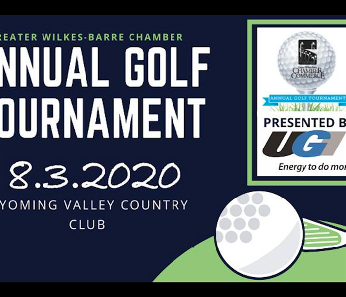 Golf Tournament announcement with nay blue background, white golf ball